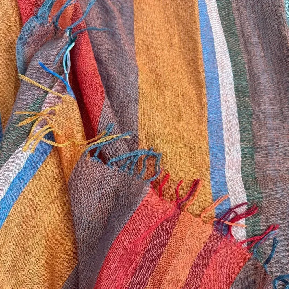 Y2K Rust Orange Blue Scarf Neck Stripe Striped Fringe Linen Long